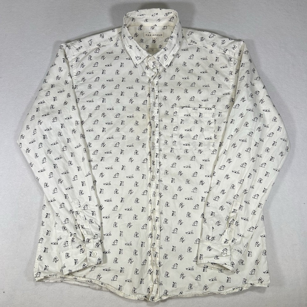Far Afield Mens‎ Large Button Up Shirt Drunk Bear Print Ivory Long Sleeve Size 3 - Picture 2 of 6